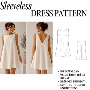 Könnte beinhalten: Ein ärmelloses Schnittmuster für ein weißes A-Linien-Kleid, dargestellt von vorne und hinten, ergänzt durch eine technische Skizze. Der Text lautet "Sleeveless DRESS PATTERN", "PDF DOWNLOAD", "A0, US letter and A4 FORMAT".