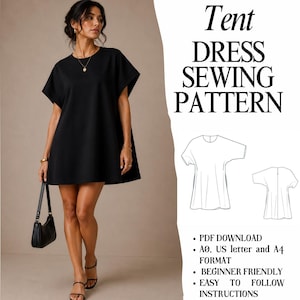 Puede incluir: Un vestido tipo carpa negro de manga corta con cuello redondo. La imagen incluye el texto Tent DRESS SEWING PATTERN, dibujos técnicos de líneas del vestido y puntos que enumeran descarga PDF, formatos A0, US letter, A4 e instrucciones.