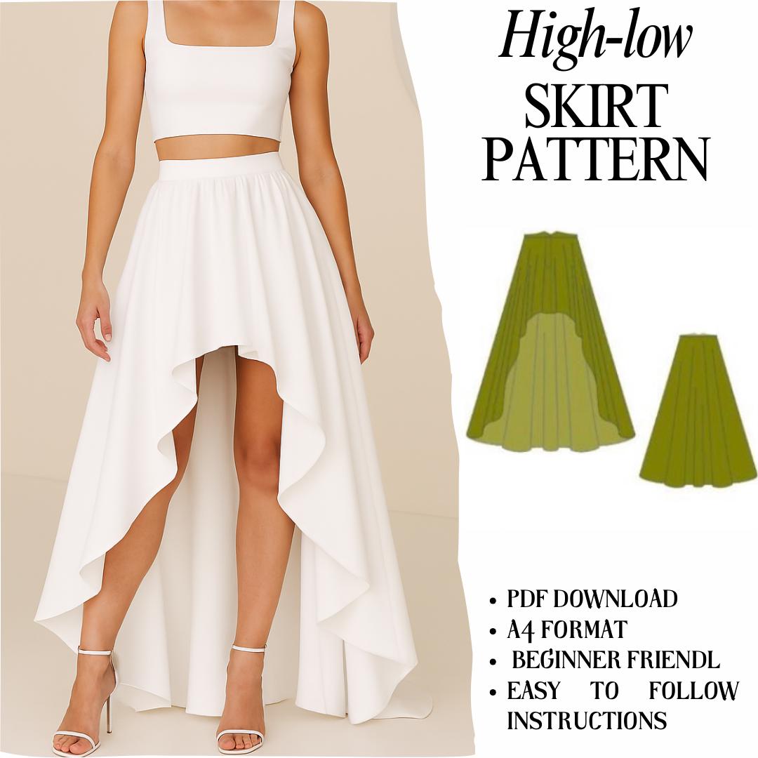 High Low Skirt Sewing Pattern, Full Circle Pleated Skirt (PDF, XS–XXL ...