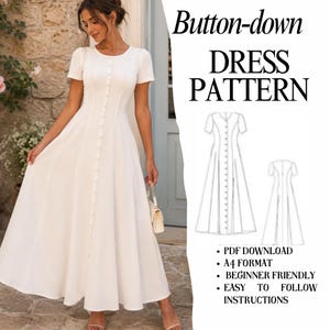Op de afbeelding: Een witte button-down jurk met korte mouwen en een zwierige rok. De jurk heeft een rij knopen aan de voorkant. De afbeelding bevat ook een patroon met de tekst "Button-down DRESS PATTERN". Het patroon is een PDF-download, A4-formaat, beginnersvriendelijk en gemakkelijk te volgen.