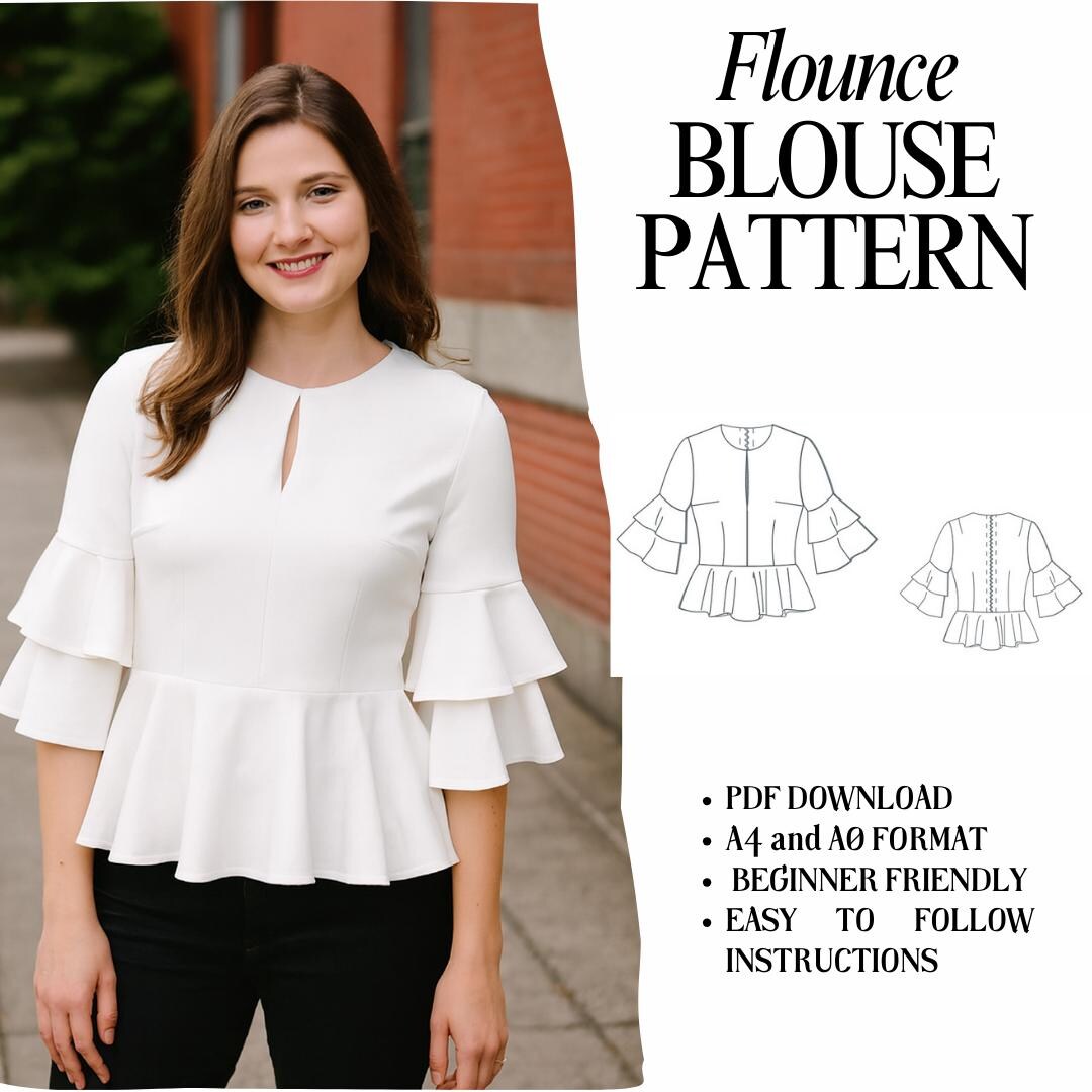 Flounce Blouse Sewing Pattern | Ruffle Sleeves, Split Seam (PDF Pattern ...