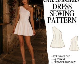 One Shoulder Mini Dress Sewing Pattern | Fit & Flare (PDF Pattern)