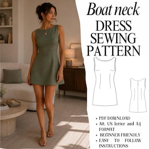 Può includere: Un abito corto senza maniche color verde oliva con scollo a barchetta e silhouette aderente. L'immagine include il testo Boat neck DRESS SEWING PATTERN, PDF DOWNLOAD, A0, US letter and A4 FORMAT, BEGINNER FRIENDLY, EASY TO FOLLOW INSTRUCTIONS.