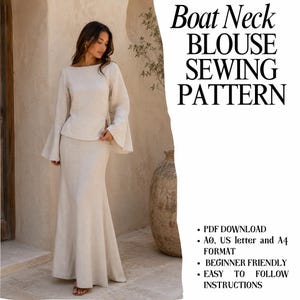 Op de afbeelding: Een beige naaipatroon voor een blouse met boothals, lange uitlopende mouwen en een bijpassende lange rok. De tekst luidt: Boat Neck BLOUSE SEWING PATTERN, PDF DOWNLOAD, A0, US letter and A4 FORMAT, BEGINNER FRIENDLY, EASY TO FOLLOW INSTRUCTIONS.