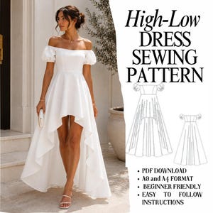 Op de afbeelding: Een witte jurk met een high-low zoom, off-shoulder pofmouwen en een aansluitend lijfje. De afbeelding bevat de tekst High-Low DRESS SEWING PATTERN, PDF DOWNLOAD, A0 and A4 FORMAT, BEGINNER FRIENDLY en EASY TO FOLLOW INSTRUCTIONS.