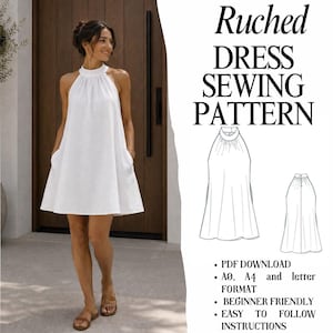 Ruched Halter Tent Dress Sewing Pattern | Mini Summer Linen PDF