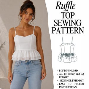 May include: A white sleeveless top with a sweetheart neckline and a double-layered ruffled peplum hem. The image includes the text Ruffle TOP SEWING PATTERN, a line drawing of the top, and details regarding PDF download, A0, US letter, and A4 formats.
