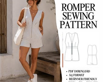 Puede incluir: Un romper sin mangas de color gris claro con cuello en V profundo y cierre de cremallera frontal. La imagen incluye un dibujo técnico de la prenda, texto que dice V-neck ROMPER SEWING PATTERN, PDF DOWNLOAD, A4 FORMAT, BEGINNER FRIENDLY y EASY TO FOLLOW INSTRUCTIONS.