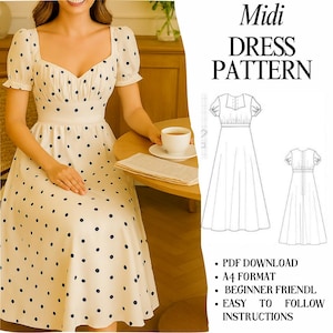 Puede incluir: Un vestido midi de color crema con lunares azul marino, con mangas cortas abullonadas y escote corazón. La imagen incluye el texto Midi DRESS PATTERN, PDF DOWNLOAD, A4 FORMAT, BEGINNER FRIENDL y EASY TO FOLLOW INSTRUCTIONS.