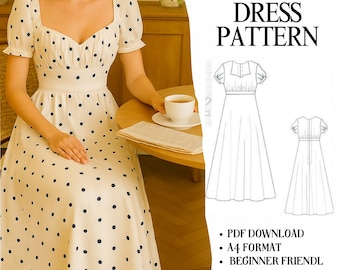 Naaipatroon elegante midi-jurk – sweetheart halslijn, rimpelingen bij de buste, pofmouwen