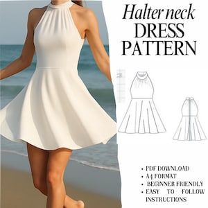 Halter Neck Dress Sewing Pattern (PDF Download, A4 Format) Beginner Friendly