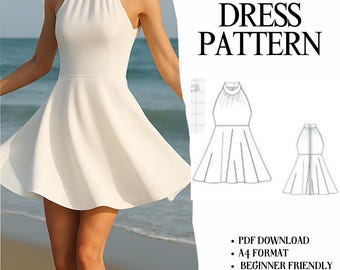 Halter Neck Dress Sewing Pattern (PDF Download, A4 Format) Beginner Friendly