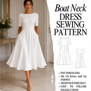 May include: A white boat neck dress with short sleeves and a full skirt, shown as a sewing pattern. Text reads: Boat Neck DRESS SEWING PATTERN, PDF DOWNLOAD, A0, US letter and A4 FORMAT, BEGINNER FRIENDLY, EASY TO FOLLOW INSTRUCTIONS.
