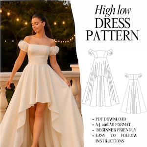 Off-Shoulder High-Low Dress Sewing Pattern | Bishop Sleeves (Downloadable PDF)