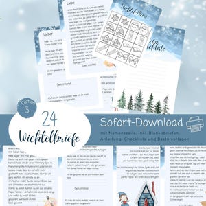 以下が含まれることがあります： 24通のクリスマスをテーマにした手紙、メモリーゲーム、チェックリストが収録されたデジタルダウンロード。水彩画の要素、イラスト、ドイツ語のテキストが含まれています。手紙は「Wichtel」または秘密のサンタ交換用です。