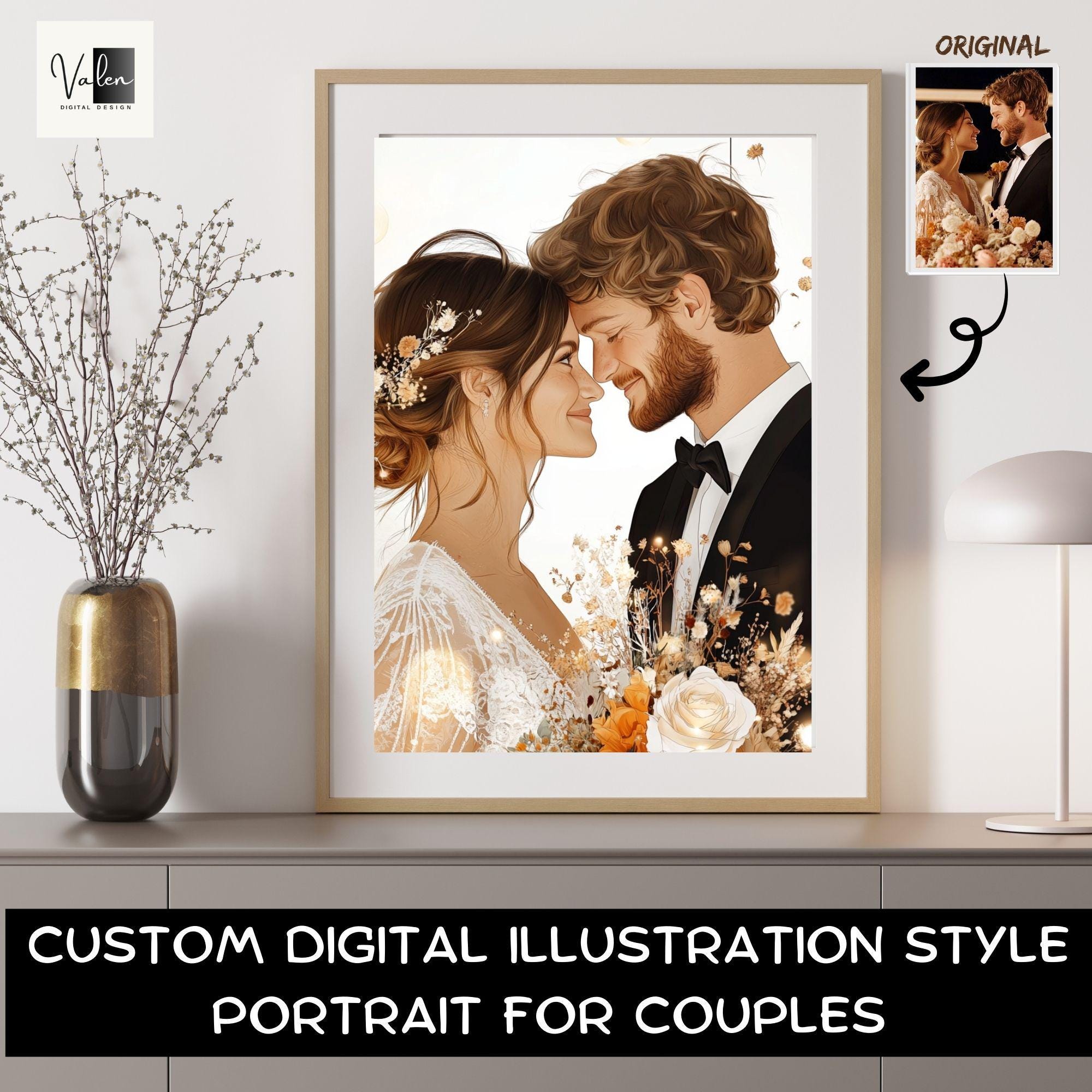 Custom digital illustration Portraits for Couples, Personalized Wedding couples digital illustration portrait form photo, Digital file