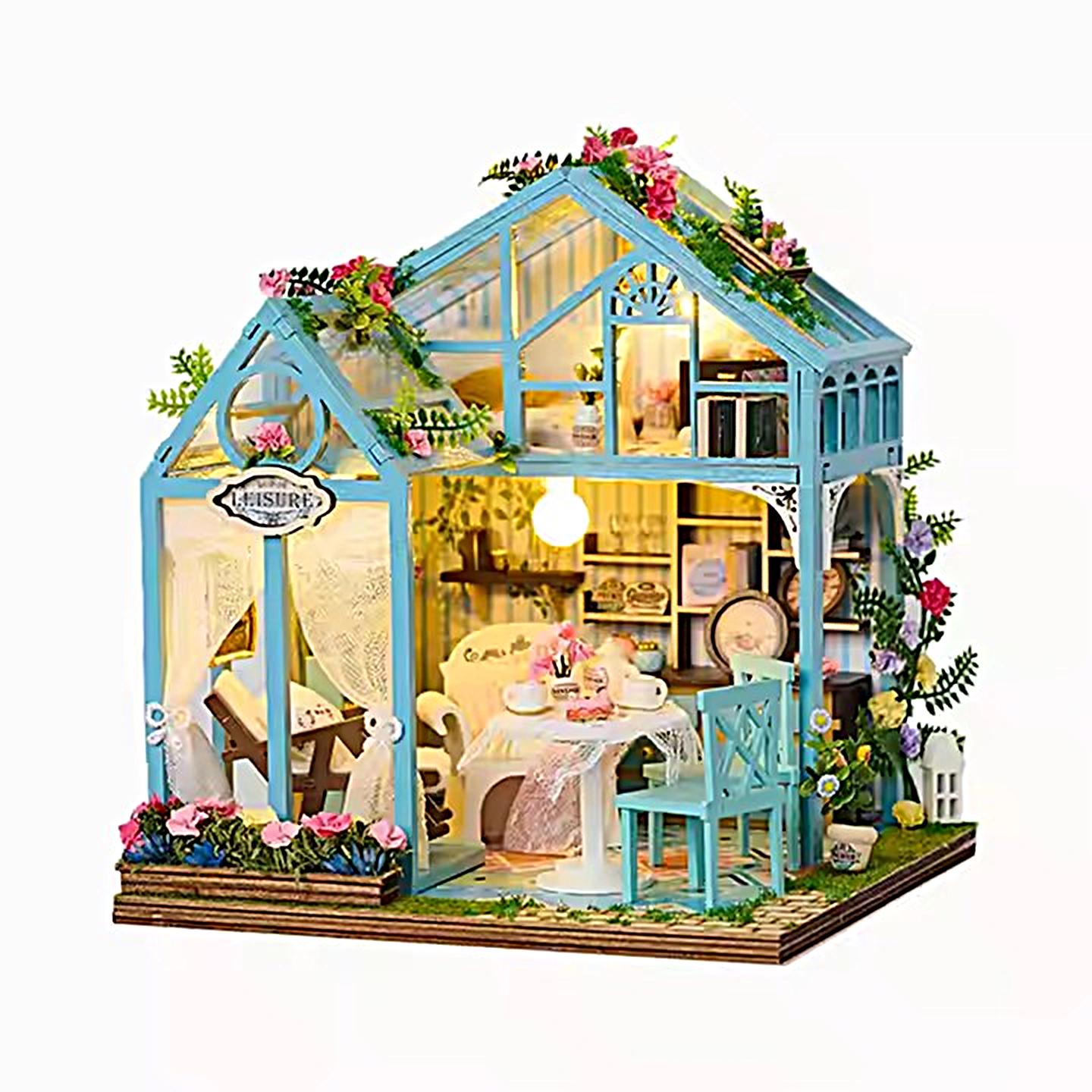 3F Victorian Blue House ミニチュア ペーパークラフト 完 Wooden Miniature Doll House Kit Blue With LED Lights, DIY 3D Model