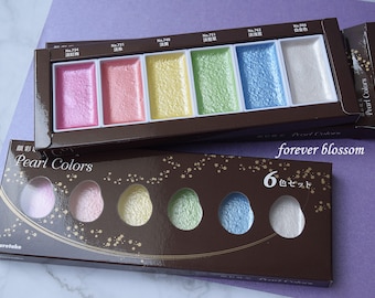 Christmas gift, pearl metallic Kuretake gansai tambi set of 6 colours Japanese solid watercolours, Back to school gift for artist, father