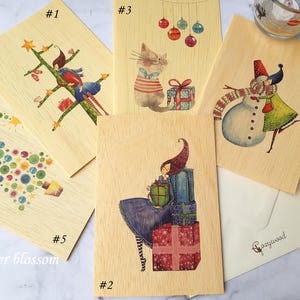 Cartões de Natal, cartões de madeira natural, cartões japoneses, pintados, cartões em branco de madeira, ecologicamente corretos exclusivos, escreva na madeira
