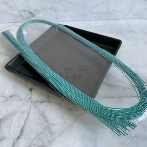 Könnte beinhalten: Eine Packung tealgrünen Metallic-Drahtes, verpackt in durchsichtigem Plastik. Der Draht ist gebündelt und scheint etwa 30 cm lang zu sein.