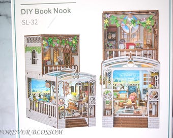 Christmas Gift, Wooden 3D Miniature Doll house kit with LED lights, DIY Book nook kit for adults, Floral green, Bookshelf, Room decor