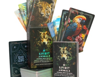 May include: A deck of Spirit Animals oracle cards with a wolf, jaguar, and parrot on the cards. The box features a wolf and the text "Spirit Animals Journey into the Wild Oracle Cards to Tap into the Wisdom of the Natural World. Relmi, Sacha & Silvia Damiano."