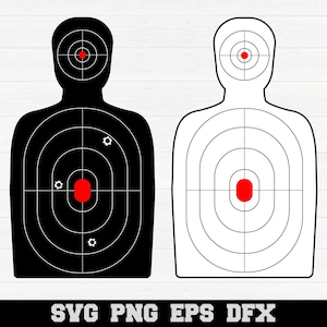 May include: Two black and white silhouette target shapes with concentric circles and a red bullseye in the center.