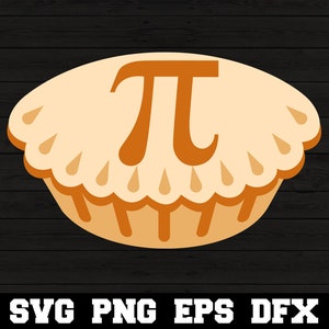 May include: A graphic illustration of a round pie with a light tan crust and a dark orange pi symbol centered on top. The crust features a scalloped edge with small teardrop-shaped indentations. Below the pie, the text reads SVG PNG EPS DFX.