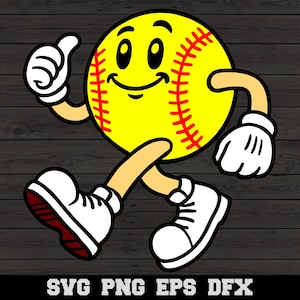 Personaje de dibujos animados de softbol, divertido estilo retro, cara sonriente, diseño clásico de softbol, SVG, PNG, silueta, archivo de corte, Cricut, descarga digital