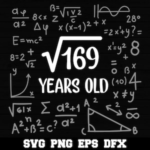Puede incluir: Un diseño gráfico en blanco y negro con la raíz cuadrada de 169 y el texto "YEARS OLD" rodeado de ecuaciones y símbolos matemáticos.
