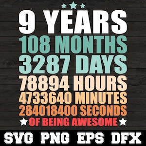 9th Birthday 9 Years 108 Months of Being Awesome 9 Years Old SVG Funny Happy 9th Birthday Silhouette SVG PNG Cutting File Cricut Download