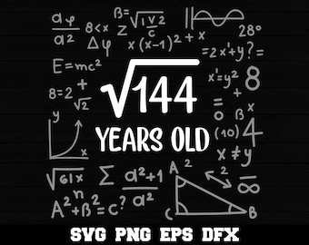 May include: A black and white graphic design with the square root of 144 and the text "YEARS OLD" with mathematical equations and symbols surrounding the text.