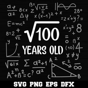 May include: A black and white graphic design with the text "√100 YEARS OLD" surrounded by mathematical equations and symbols. The design includes a square root symbol, a summation symbol, a triangle, and a graph.