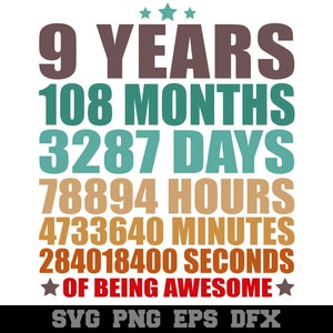 9th Birthday 9 Years 108 Months of Being Awesome 9 Years Old SVG Funny Happy 9th Birthday Silhouette SVG PNG Cutting File Cricut Download
