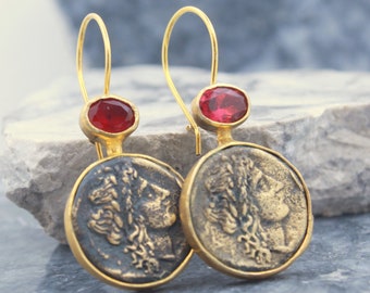 Intaglio Art Greek Earrings with Ruby: Sterling Silver, Gold Vermeil