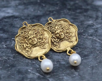 Intaglio Medusa Earrings: Bronze & Pearl, Sterling Silver, Ancient Roman Style