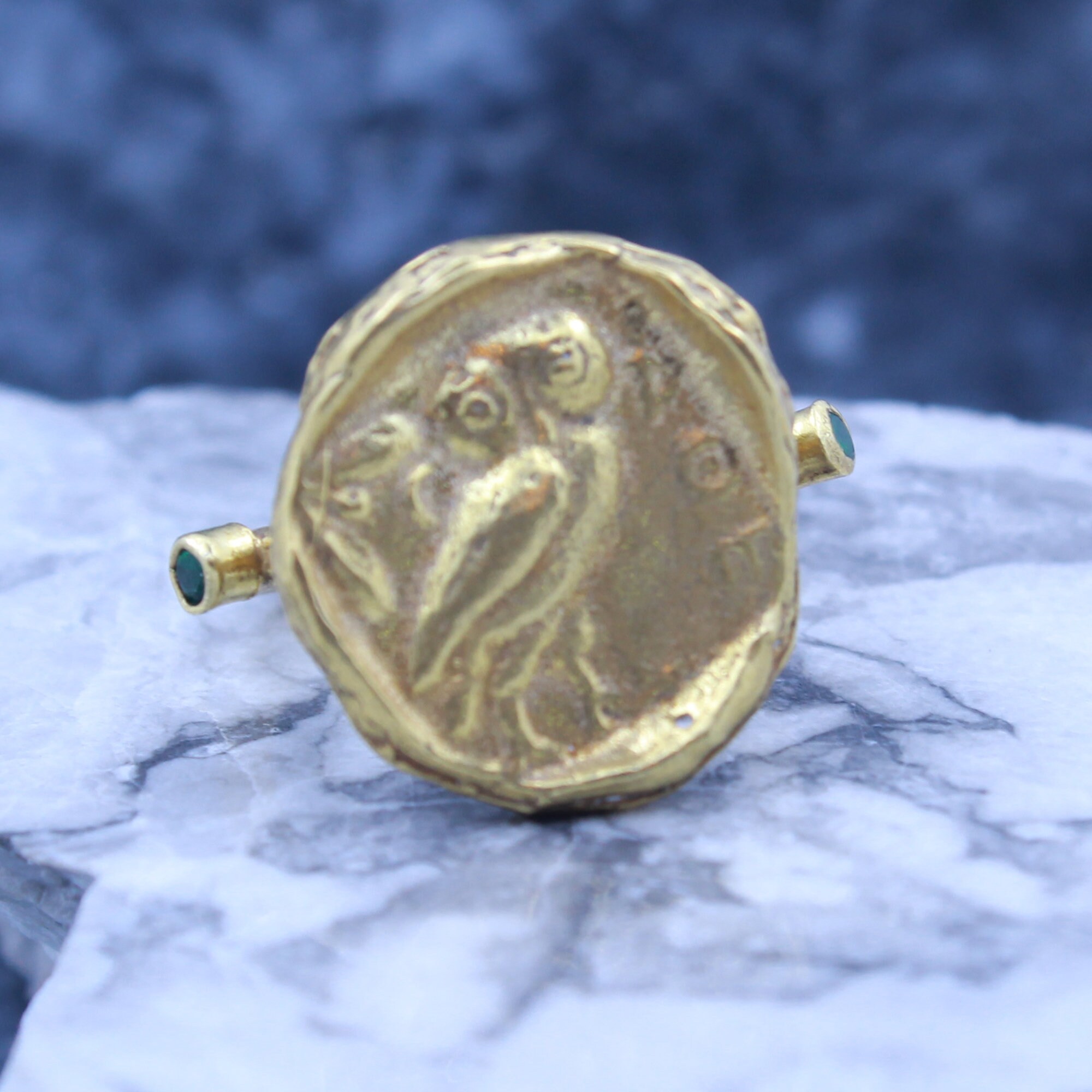 Intaglio Roman Owl Sterling Silver Ring with Emerald, Statement Ring 925 K 24K Gold Over, Personaliz