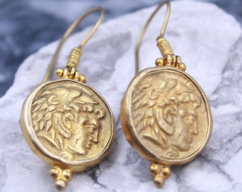 Intaglio Art Greek Earrings: 925K Silver, Gold Band