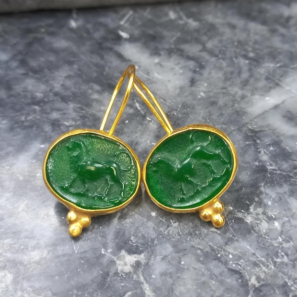 Intaglio Enamel Lion Dangle Earrings: 24K Gold & 925 Silver