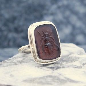 Roman Intaglio Enamel Bee Silver Ring 925K, Handmade Designer Ring, Sterling Silver, Personalized Gifts Gift For Her, By Hermes Silver