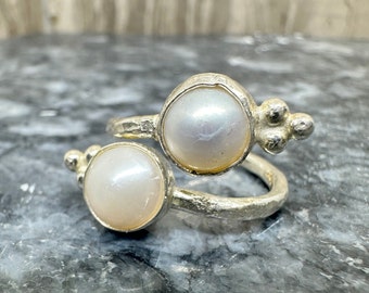 Handgefertigter verstellbarer Perlenring, Silberperlenring, Statement-Ring, Silberring, Süßwasserperlenring, personalisierte Geschenke Geschenk für sie