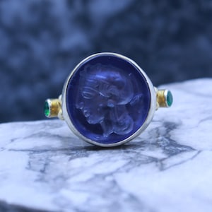 Roman Intaglio Glass Silver Ring with Emerald 925K ,Designer Ring, Intaglio Glass Ring, Personalized Gifts Gift For Her, By Hermes Silver