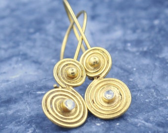 Handmade Roman Art Silver Earrings: Gold Vermeil Zircon Dangles