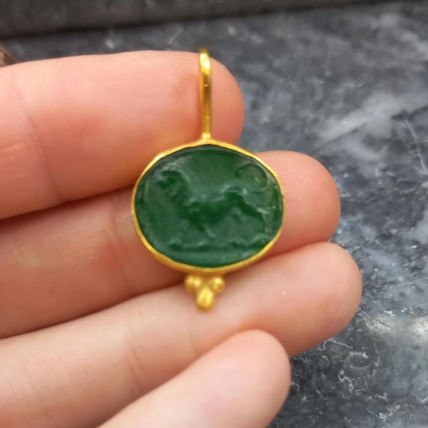 Greek Lion Intaglio Pendant: Enamel, 24k Gold Over Sterling Silver