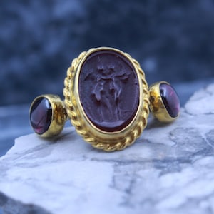 Intaglio Enamel Silver Ring with Garnet 925K 24K Gold Over, Designer Ring, Intaglio Enamel Ring, Personalized Gift For Her, By Hermes Silver