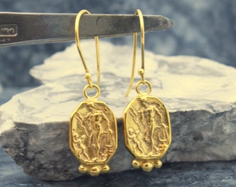 Intaglio Art Greek Earrings: 925K Sterling Silver, Gold Vermeil