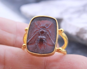 Anello in argento con ape in vetro con intaglio romano 925K 24k Gold Over, anello di design fatto a mano, regali personalizzati regalo per lei, di Hermes Silver