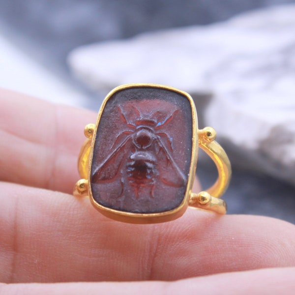 Roman Intaglio Glass Bee Silver Ring 925K 24k Gold Over, Handmade Designer Ring, Personalized Gifts Gift For Her, By Hermes Silver