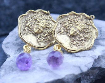 Intaglio Medusa Earrings: Bronze, Amethyst & Sterling Silver