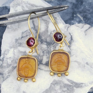 Roman Art Intaglio Glass Bee Earring with Garnet, Handmade earring, Personalized Gifts Gift For Her, Gold Band, By Hermes Silver